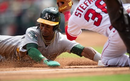 Oct 1, 2023; Anaheim, California, USA; Oakland Athletics right fielder Esteury Ruiz (1) steals second base against Los Angeles Angels second baseman Michael Stefanic (38) during the third inning at Angel Stadium. Mandatory Credit: Jonathan Hui-USA TODAY Sports
