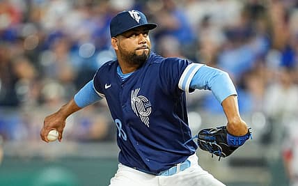 Aug 5, 2022; Kansas City, Missouri, USA; Kansas City Royals relief pitcher Joel Payamps (38) pitches against the Boston Red Sox during the eighth inning at Kauffman Stadium. Mandatory Credit: Jay Biggerstaff-USA TODAY Sports
