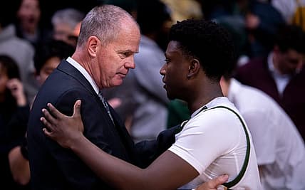 Colorado head basketball coach Tad Boyle (left) holds a conversation with Colorado State senior guard Isaiah Stevens in the handshake line following the Rams' loss in the Rocky Mountain Showdown at the CU Event Center in Boulder on Thursday Dec. 8, 2022. Boyle called Stevens the "most underrated point guard in the country" during his postgame press conference.

Csu Cu Bball 26
