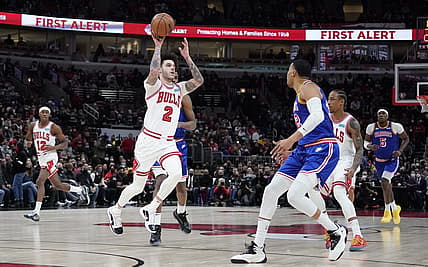 Jan 14, 2022; Chicago, Illinois, USA; Chicago Bulls guard Lonzo Ball (2) looks to pass the ball against the Golden State Warriors during the first half at United Center. Mandatory Credit: David Banks-USA TODAY Sports