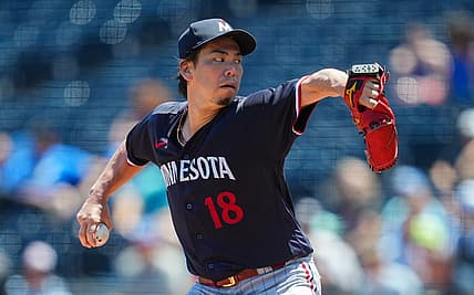 Jul 30, 2023; Kansas City, Missouri, USA; Minnesota Twins starting pitcher Kenta Maeda (18) pitches during the first inning against the Kansas City Royals at Kauffman Stadium. Mandatory Credit: Jay Biggerstaff-USA TODAY Sports