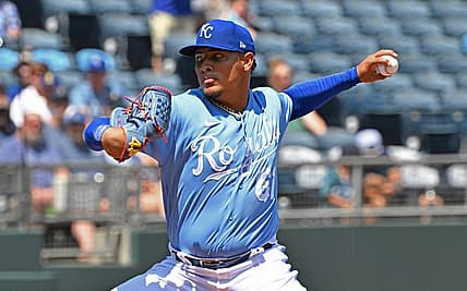Aug 17, 2023; Kansas City, Missouri, USA;  Kansas City Royals starting pitcher Angel Zerpa (61) delivers a pitch in the first inning against the Seattle Mariners at Kauffman Stadium. Mandatory Credit: Peter Aiken-USA TODAY Sports