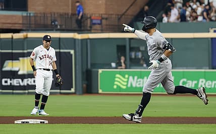 Sep 2, 2023; Houston, Texas, USA; New York Yankees right fielder Aaron Judge (99) rounds the bases after hitting a home run against Houston Astros starting pitcher Hunter Brown (58)(not pictured) in the third inning at Minute Maid Park. Mandatory Credit: Thomas Shea-USA TODAY Sports