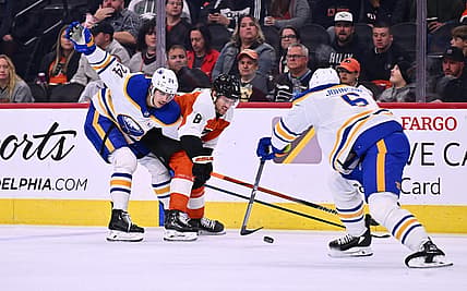 Nov 1, 2023; Philadelphia, Pennsylvania, USA; Philadelphia Flyers defenseman Cam York (8) and Buffalo Sabres center Dylan Cozens (24) battle for the puck in the first period at Wells Fargo Center. Mandatory Credit: Kyle Ross-USA TODAY Sports
