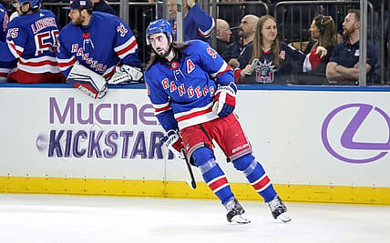 Nov 27, 2023; New York, New York, USA; New York Rangers center Mika Zibanejad (93) celebrates a goal against the Buffalo Sabres during the third period at Madison Square Garden. Mandatory Credit: Danny Wild-USA TODAY Sports