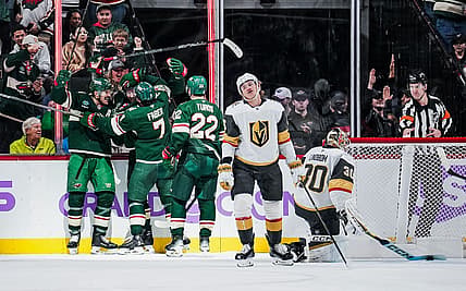 Minnesota Wild forward Yakov Trenin celebrates scoring against the Vegas Golden Knights 11/16/2025 (Photo/Screenshot- Minesota Wild via Twitter)