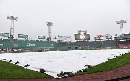 Apr 26, 2019; Boston, MA, USA; A general view of the tarp on the field prior to a game between the Boston Red Sox and the Tampa Bay Rays at Fenway Park. Mandatory Credit: Bob DeChiara-USA TODAY Sports