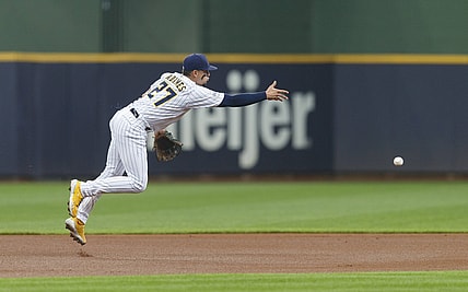 Jun 26, 2021; Milwaukee, Wisconsin, USA;  Milwaukee Brewers shortstop Willy Adames (27) tosses tosses the ball to second base during the first inning against the Colorado Rockies at American Family Field. Mandatory Credit: Jeff Hanisch-USA TODAY Sports