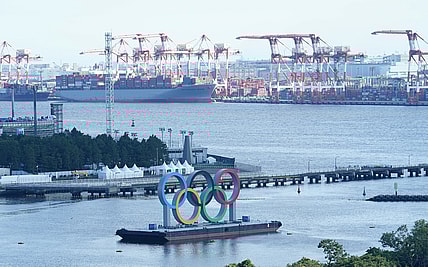 July 16, 2021; Tokyo, JAPAN;  General view of the Olympic rings seen in Tokyo Bay before the Tokyo 2020 Summer Olympic Games. Mandatory Credit: Rob Schumacher-USA TODAY Sports