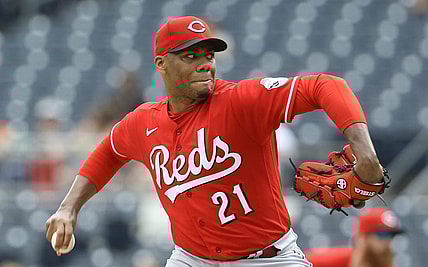 May 15, 2022; Pittsburgh, Pennsylvania, USA;  Cincinnati Reds starting pitcher Hunter Greene (21) pitches against the Pittsburgh Pirates during the sixth inning at PNC Park. Mandatory Credit: Charles LeClaire-USA TODAY Sports