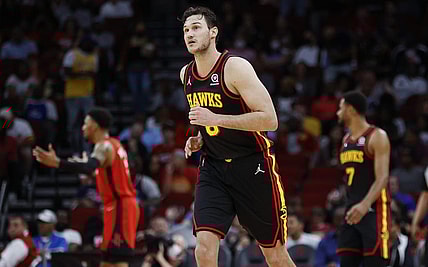 Apr 10, 2022; Houston, Texas, USA; Atlanta Hawks forward Danilo Gallinari (8) reacts after scoring a basket during the second quarter against the Houston Rockets at Toyota Center. Mandatory Credit: Troy Taormina-USA TODAY Sports