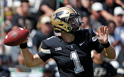 Purdue Boilermakers quarterback Hudson Card (1) throws the ball during the NCAA football game against the Fresno State Bulldogs, Saturday, Sept. 2, 2023, at Ross-Ade Stadium in West Lafayette, Ind. Fresno State Bulldogs won 39-35.
