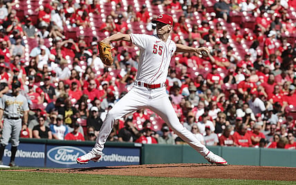 Sep 24, 2023; Cincinnati, Ohio, USA; Cincinnati Reds starting pitcher Brandon Williamson (55) throws against the Pittsburgh Pirates during the first inning at Great American Ball Park. Mandatory Credit: David Kohl-USA TODAY Sports
