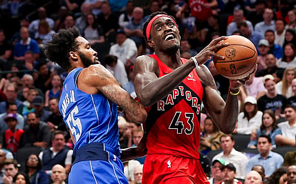 Nov 8, 2023; Dallas, Texas, USA; Toronto Raptors forward Pascal Siakam (43) looks to shoot as Dallas Mavericks forward Derrick Jones Jr. (55) defends during the second half at American Airlines Center. Mandatory Credit: Kevin Jairaj-USA TODAY Sports