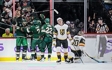Minnesota Wild forward Yakov Trenin celebrates scoring against the Vegas Golden Knights 11/16/2025 (Photo/Screenshot- Minesota Wild via Twitter)