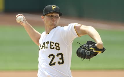 Jun 10, 2021; Pittsburgh, Pennsylvania, USA;  Pittsburgh Pirates starting pitcher Mitch Keller (23) delivers a pitch against the Los Angeles Dodgers during the first inning at PNC Park. Mandatory Credit: Charles LeClaire-USA TODAY Sports