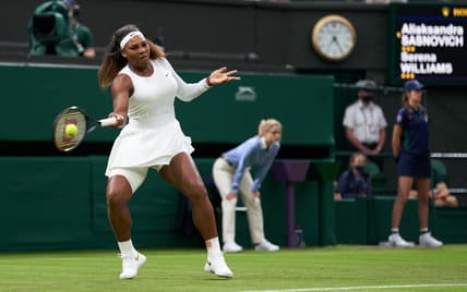 Jun 29, 2021; London, United Kingdom;  Serena Williams (USA) seen playing Aliaksandra Sasnovich (BLR) in first round ladies singles on centre court at All England Lawn Tennis and Croquet Club.  Mandatory Credit: Peter Van den Berg-USA TODAY Sports
