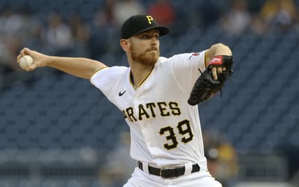 Jul 29, 2021; Pittsburgh, Pennsylvania, USA;  Pittsburgh Pirates starting pitcher Chad Kuhl (39) delivers a pitch against the Milwaukee Brewers during the first inning at PNC Park. Mandatory Credit: Charles LeClaire-USA TODAY Sports