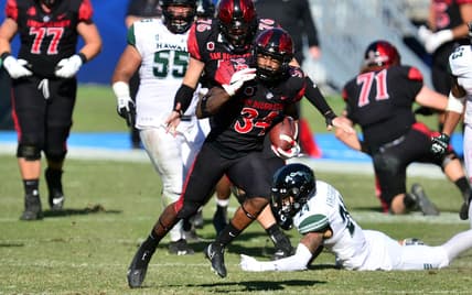 Nov 14, 2020; Carson, California, USA; San Diego State Aztecs running back Greg Bell (34) runs the ball for a touchdown against the Hawaii Warriors  during the first half at Dignity Health Sports Park. Mandatory Credit: Gary A. Vasquez-USA TODAY Sports