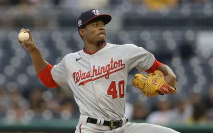 Sep 11, 2021; Pittsburgh, Pennsylvania, USA;  Washington Nationals starting pitcher Josiah Gray (40) delivers a pitch against the Pittsburgh Pirates during the first inning at PNC Park. Mandatory Credit: Charles LeClaire-USA TODAY Sports