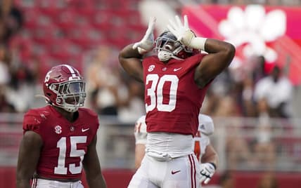Sep 11, 2021; Tuscaloosa, Alabama, USA; Alabama Crimson Tide linebacker King Mwikuta (30) reacts after a play against the Mercer Bears at Bryant-Denny Stadium. Mandatory Credit: Marvin Gentry-USA TODAY Sports