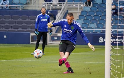 May 9, 2021; Kansas City, Kansas, USA; Austin FC goalkeeper Brady Scott (28) warms up before the game against Sporting Kansas City at Children's Mercy Park. Mandatory Credit: Denny Medley-USA TODAY Sports