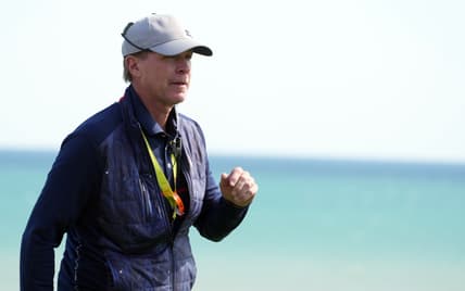 Sep 24, 2021; Haven, Wisconsin, USA; Team USA captain Steve Stricker watches over play on the sixth green during day one four-ball rounds for the 43rd Ryder Cup golf competition at Whistling Straits. Mandatory Credit: Kyle Terada-USA TODAY Sports
