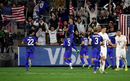 Jan 25, 2023; Los Angeles, California, USA;  USA forward Brandon Vazquez (8) celebrates after scoring a goal during the first half against the Serbia at BMO Stadium. Mandatory Credit: Kiyoshi Mio-USA TODAY Sports