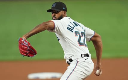 Apr 16, 2023; Miami, Florida, USA;  Miami Marlins starting pitcher Sandy Alcantara (22) pitches against the Arizona Diamondbacks in the first inning at loanDepot Park. Mandatory Credit: Jim Rassol-USA TODAY Sports