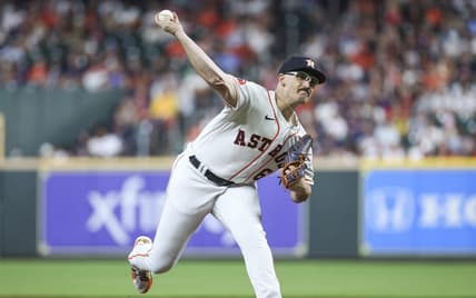 Jul 25, 2023; Houston, Texas, USA; Houston Astros starting pitcher J.P. France (68) delivers a pitch during the third inning against the Texas Rangers at Minute Maid Park. Mandatory Credit: Troy Taormina-USA TODAY Sports