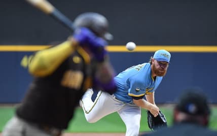 Aug 25, 2023; Milwaukee, Wisconsin, USA; Milwaukee Brewers starting pitcher Brandon Woodruff (53) delivers a pitch against the San Diego Padres in the first inning at American Family Field. Mandatory Credit: Michael McLoone-USA TODAY Sports
