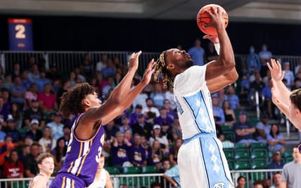 Nov 22, 2023; Paradise Island, BAHAMAS;  North Carolina Tar Heels forward Jae'Lyn Withers (24) scores as Northern Iowa Panthers guard Tytan Anderson (32) defends during the first half at Imperial Arena. Mandatory Credit: Kevin Jairaj-USA TODAY Sports