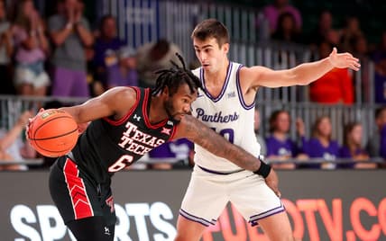 Nov 23, 2023; Paradise Island, BAHAMAS;  Texas Tech Red Raiders guard Joe Toussaint (6) drives as Northern Iowa Panthers guard RJ Taylor (10) defends during the first half at Imperial Arena. Mandatory Credit: Kevin Jairaj-USA TODAY Sports