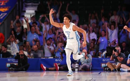 Nov 24, 2023; Paradise Island, BAHAMAS;  North Carolina Tar Heels guard Seth Trimble (7) reacts after scoring during the second half against the Arkansas Razorbacks at Imperial Arena. Mandatory Credit: Kevin Jairaj-USA TODAY Sports