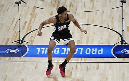 Jun 22, 2021; Chicago, Illinois, USA; Maryland's Aaron Wiggins participates during the NBA Draft Combine at Wintrust Arena. Mandatory Credit: David Banks-USA TODAY Sports