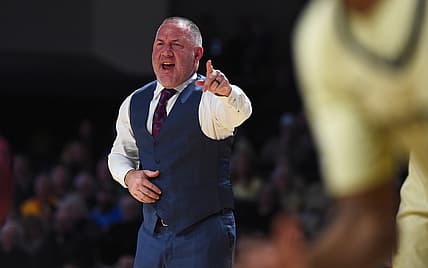 Feb 19, 2022; Nashville, Tennessee, USA; Texas A&M Aggies head coach Buzz Williams yells from the sideline during the first half against the Vanderbilt Commodores at Memorial Gymnasium. Mandatory Credit: Christopher Hanewinckel-USA TODAY Sports