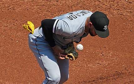 Sep 4, 2023; Kansas City, Missouri, USA; Chicago White Sox third baseman Yoan Moncada (10) bobbles a ground ball during the second inning against the Kansas City Royals at Kauffman Stadium. Mandatory Credit: Jay Biggerstaff-USA TODAY Sports