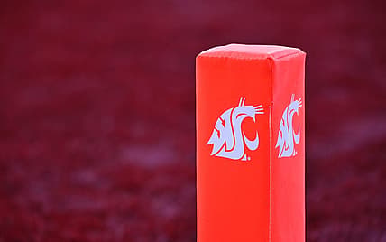 Oct 9, 2021; Pullman, Washington, USA; Washington State Cougars logo on a pylon during a football game against the Oregon State Beavers in the second half at Gesa Field at Martin Stadium. The Cougars won 31-24. Mandatory Credit: James Snook-USA TODAY Sports