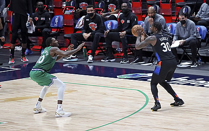 Apr 16, 2021; Dallas, Texas, USA;  New York Knicks forward Julius Randle (30) shoots over Dallas Mavericks forward Dorian Finney-Smith (10) during the second quarter at American Airlines Center. Mandatory Credit: Kevin Jairaj-USA TODAY Sports
