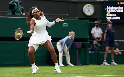 Jun 29, 2021; London, United Kingdom;  Serena Williams (USA) seen playing Aliaksandra Sasnovich (BLR) in first round ladies singles on centre court at All England Lawn Tennis and Croquet Club.  Mandatory Credit: Peter Van den Berg-USA TODAY Sports