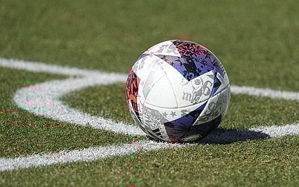 Feb 1, 2023; Indio, CA, USA;  General view of a MLS soccer ball on the pitch in a preseason MLS game between the D.C. United and Charlotte FC at Empire Polo Club. Mandatory Credit: Kirby Lee-USA TODAY Sports