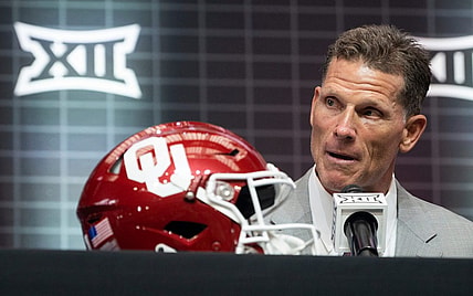 University of Oklahoma head coach Brent Venables speaks on the second day of NCAA college football Big 12 Media Days in Arlington, Texas, Thursday, July 13, 2023. (Sara Diggins/Austin American-Statesman via AP)