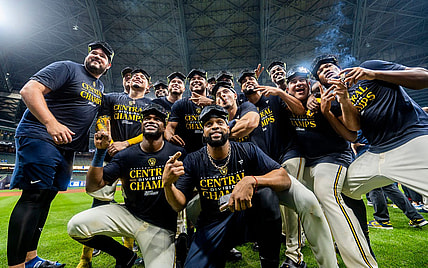 Milwaukee Brewers players celebrate the National League Central Division Championship on Tuesday September 26, 2023 at American Family Field in Milwaukee, Wis.