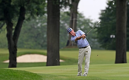 Harrison Frazar takes his second shot on hole No. 14 during the final round of the 2023 Kaulig Companies Championship at Firestone Country Club, Sunday, July 16, 2023, in Akron, Ohio.