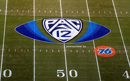 Pac 12 football logo on field during 2019 season
