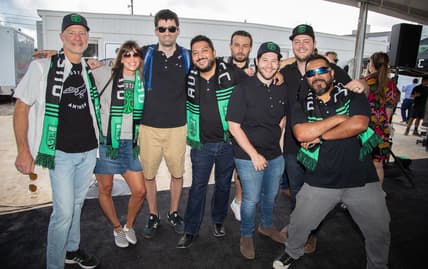 Sep 9, 2019; Austin, TX, USA; A few of the Austin Anthem members pose for the ground breaking ceremonies at McKalla Place. Mandatory Credit: John Gutierrez-USA TODAY Sports