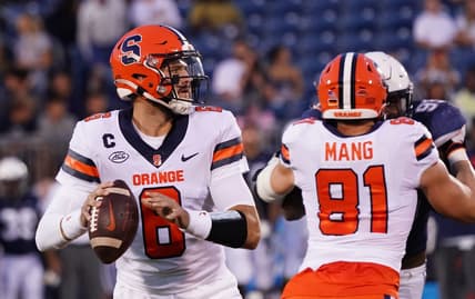 Sep 10, 2022; East Hartford, Connecticut, USA; Syracuse Orange quarterback Garrett Shrader (6) throws a pass against the Connecticut Huskies in the first half at Rentschler Field at Pratt & Whitney Stadium. Mandatory Credit: David Butler II-USA TODAY Sports