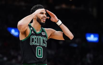Dec 16, 2022; Boston, Massachusetts, USA; Boston Celtics forward Jayson Tatum (0) reacts to a call as they take on the Orlando Magic in the second half at TD Garden. Mandatory Credit: David Butler II-USA TODAY Sports