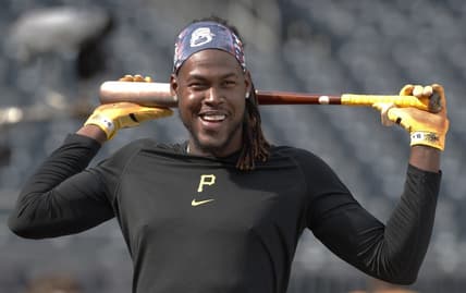 Apr 8, 2023; Pittsburgh, Pennsylvania, USA;  Pittsburgh Pirates shortstop Oneil Cruz (15) reacts at the batting cage before the game against the Chicago White Sox at PNC Park. Mandatory Credit: Charles LeClaire-USA TODAY Sports