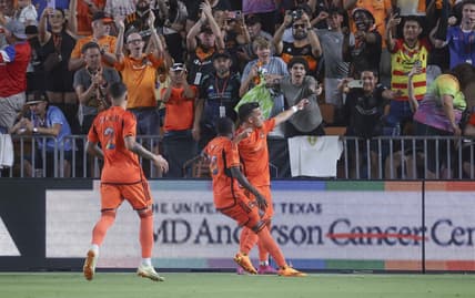Jun 10, 2023; Houston, Texas, USA; Houston Dynamo FC midfielder Amine Bassi (8) celebrates after scoring a goal during the second half against the Los Angeles FC at Shell Energy Stadium. Mandatory Credit: Troy Taormina-USA TODAY Sports